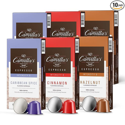 Camilla’s Heritage - Intensity 8 Flavored Espresso Coffee Spiced Variety Pack (Caribbean Spice, Cinnamon & Hazelnut Espresso Cups) 60 Coffee Pods