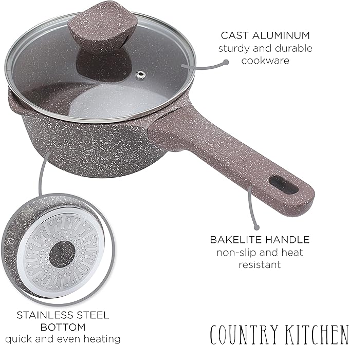 Country Kitchen Non-Stick Cast Aluminum Cookware Set - Durable Kitchen Cookware for Everyday Cooking, Chocolate Brown, 6 Pc.
