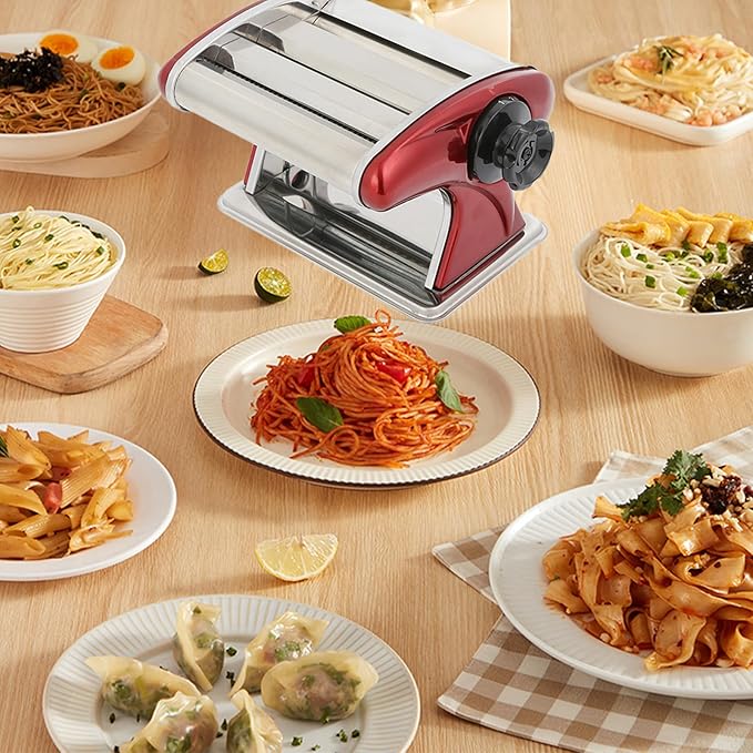 Manual Pasta Maker Machine – Stainless Steel Noodle Roller with Built-in 2mm & 4mm Cutters for Homemade Pasta, Lasagna, Fettuccine (Red, 2mm +4mm)
