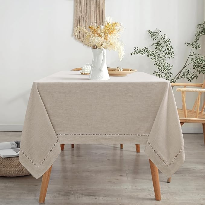 Linen World Hemstitch Linen Tablecloth, French Linen Natural Tablecloth 108" x 60" Inch, Washable Rectangular Table Cloth for Dining, Outdoor, Weddings and Restaurants, Decorative Valentine Easter