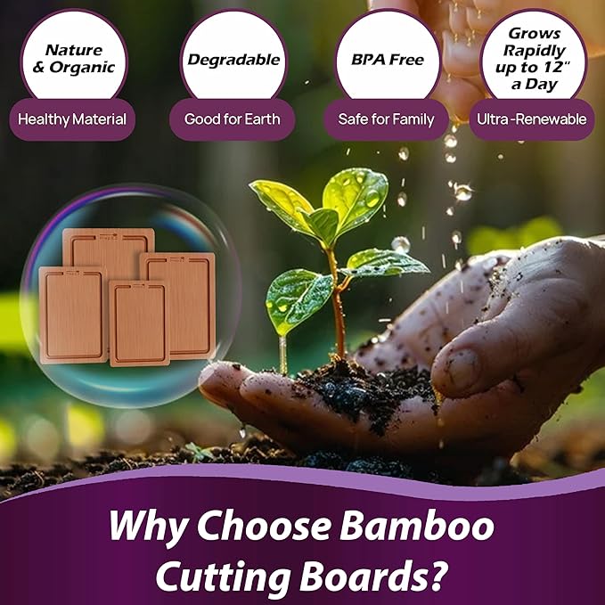 Heavy-Duty Cutting Boards for Kitchen – (Pack of 4) Wood Cutting Board Set – Bamboo Cutting Board Set with Deep Juice Grooves – Ideal for Chopping Meat, Vegetables & Fruits, etc.