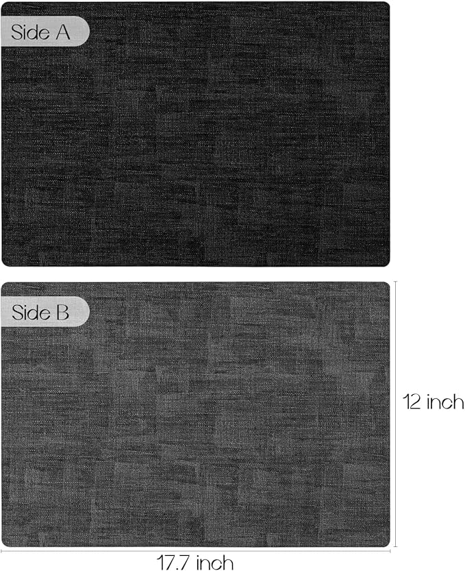 Romanstile Reversible Vinyl Placemats Set of 6, Faux Leather 100% Waterproof Oil-Proof Wipeable Place Mats, Heat Resistant Dual Sided Table Mats for Kitchen/Dining/Party (Grey Black, 12 x 17 Inch)