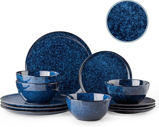 Plates and Bowls Sets, 12 Pieces Dark Blue Dinnerware Sets for Kitchen, Reactive Glaze Dishes Set for 4, Dishwasher and Microwave Safe, Series Starflecked Shore(Dark Blue)