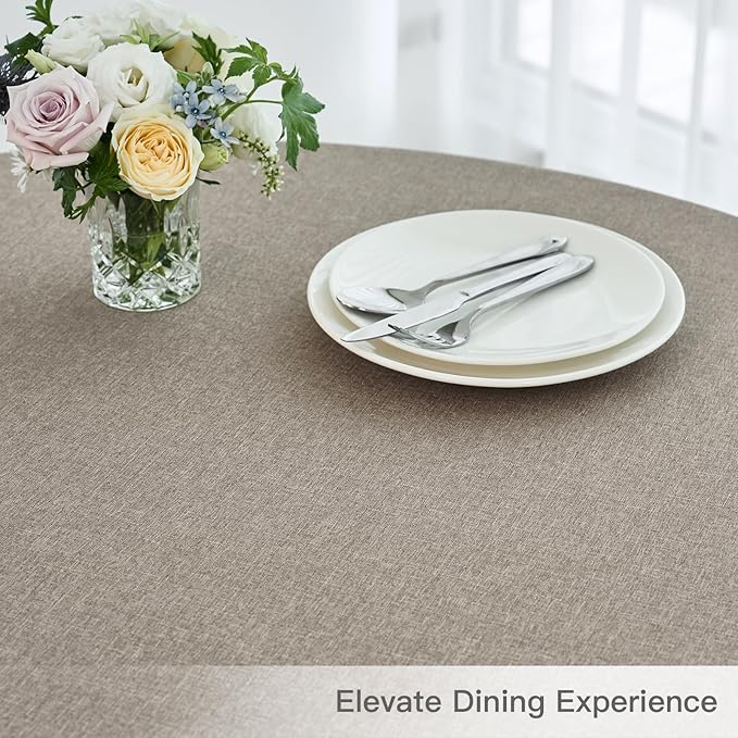 maxmill Round Linen Textured Tablecloth Spill-Proof Stainproof Wrinkle Free Washable Fabric Table Cloth for Circular Table Cover, Dining Room Buffet Banquet Parties Holiday Dinner, 70 Inch Mocha