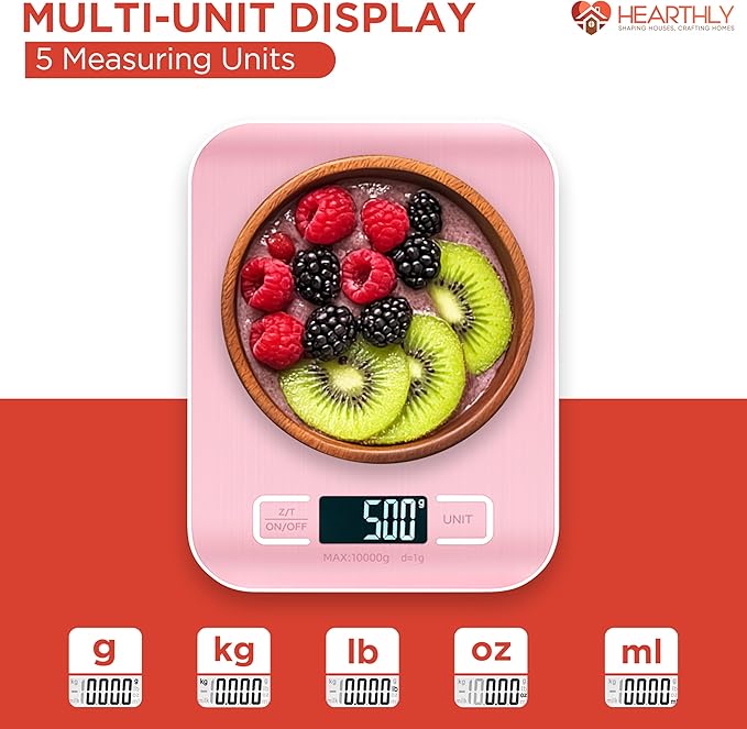 Food Scale, Digital Kitchen Scale for Cooking and Baking, Batteries Included, Weighs up to 22 pounds, Kitchen Scales Digital Weight Grams and Ounces, 304 Stainless Steel - Pink