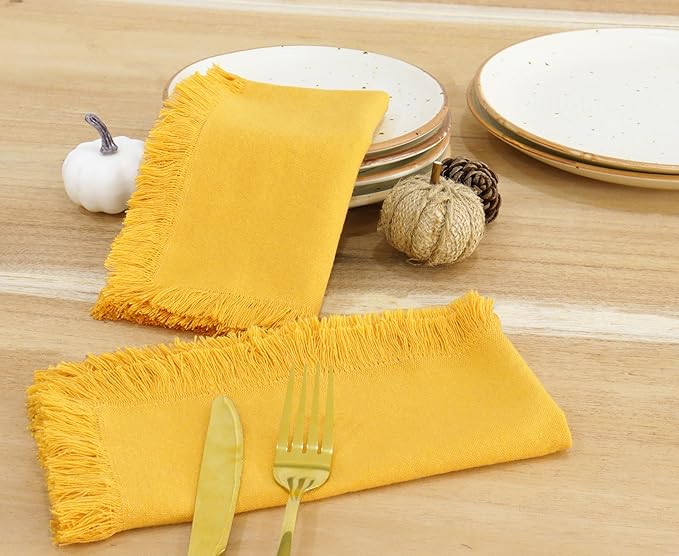 PurpleEssences Cloth Napkins with Fringes, 100% Cotton Christmas Holiday Winter Table Decor, Set of 6 18x18 Inch Reusable Dinner Napkins for Parties and Weddings - Golden Yellow