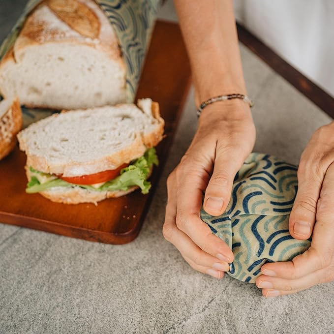 SUPERBEE Beeswax Wrap for Food, Set of 3 Bees Wax Wraps, Reusable for Wrapping Vegetables, Cheese Paper, Bowl Covers and Sandwich Wrapping Paper, Beeswax Food Wrap (Ocean)