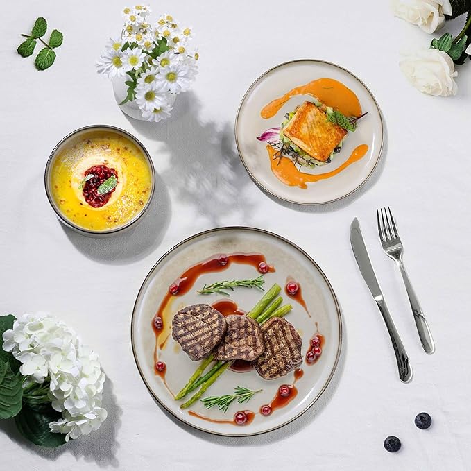 Herogo Stoneware plates and bowls sets for 8, 24 Pieces Modern Round Dinnerware, Reactive Glaze Dishes Set for Kitchen, Chip Resistant, Microwave & Dishwasher Safe, Cream Khaki