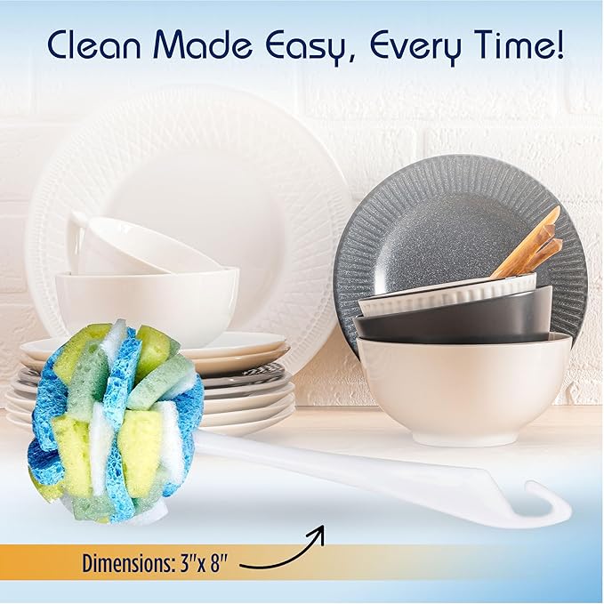 Compac Home Dish SpongeWand Plus Tri Surface Scrubbing Sponge with Cello Foam Scour Sponge Petals, Cleans Dishes, Glassware 360 Scrubber Pads for Tough to Clean Pots Pans, Multi-Color, (Pack of 6)