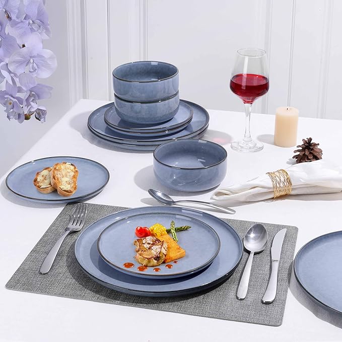 Herogo 18-Piece Stoneware Dinnerware Set for 6, Stackable Dinner Plates and Bowls Sets, Double Reactive Glaze Dishware Place Setting for Kitchen, Scratch Resistant, Microwave Safe, Haze Blue