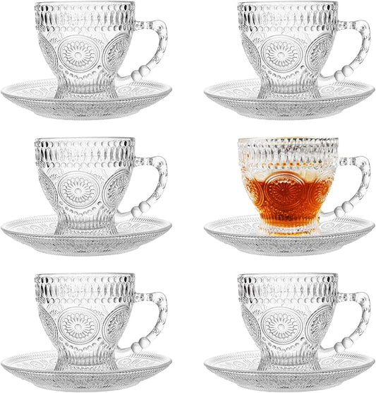 Glass Tea Cups and Saucers Set of 6 - Vintage Coffee Mugs -Teacups Set for Espresso Cappuccino Latte Tea - Dishwasher Microwave Safe (7OZ / 210ML)