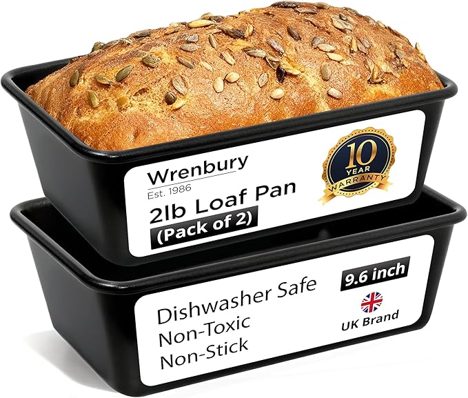 Wrenbury Pro 2lb Loaf Pan Set of 2 - Carbon Steel Large Bread Pan 1kg for Baking Delicious Meatloaf - Air Fryer 2 lb Baking Tray - Twin Pack