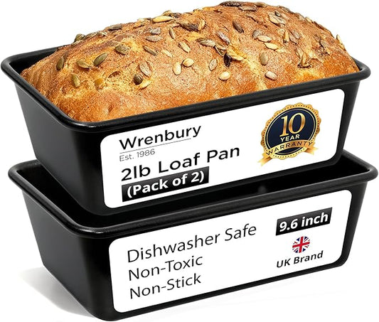Wrenbury Pro 2lb Loaf Pan Set of 2 - Carbon Steel Large Bread Pan 1kg for Baking Delicious Meatloaf - Air Fryer 2 lb Baking Tray - Twin Pack