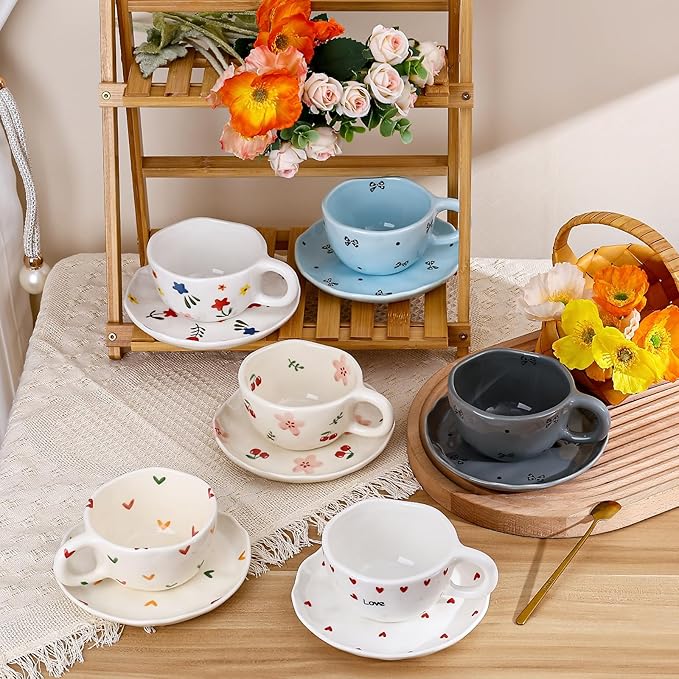 Koythin Ceramic Coffee Mug with Saucers, Handmade Flowers Mugs, Cute Cup for Girl Women, Aesthetic Tea Milk Cup with Handle, 8.5 oz/250 ml for Latte, Cocoa, Office, Home (Grey Small Bow)