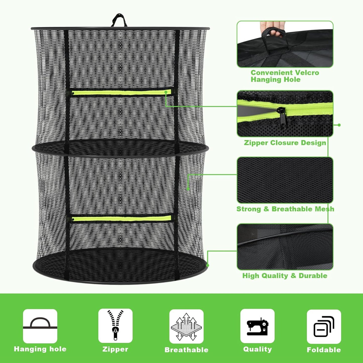 Herb Drying Rack - Mesh Drying Rack - Herb Drying Rack Hanging with Green Zipper & Garden Pruning Shears for Drying Herb - Hanging Drying Rack - Plant Drying Rack (2 Layers)
