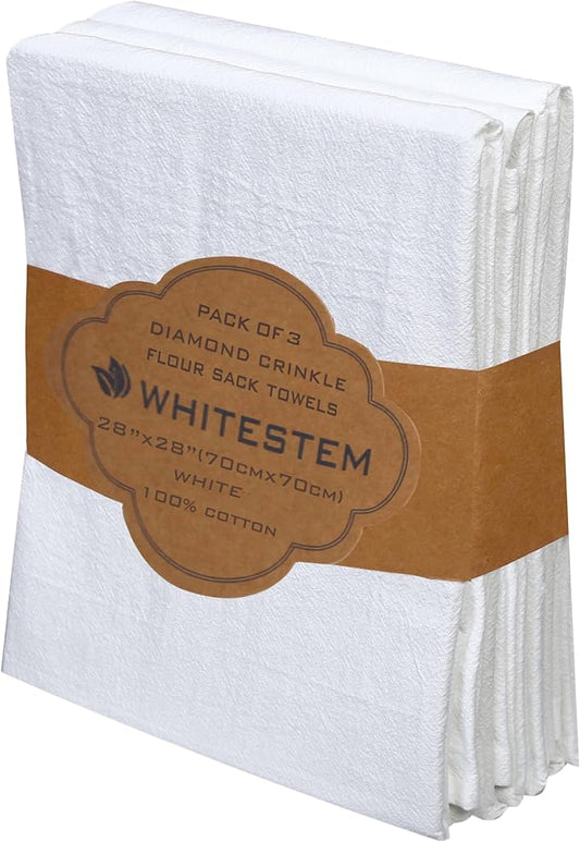 Flour Sack Towels |Tea Towel for Crafts| Kitchen |Dish | Cotton Blank Towel for Embroidery|Baking Bread Proofing Linen Cover Diamond Crinkle|Thick Absorbent Quick Dry | 3 Pack 28"x28" White