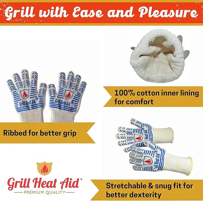 GRILL HEAT AID BBQ Grill Gloves 1472°F - Extreme Heat Resistant Oven Mitts for Grilling, Smoker & Fire Pit with Silicone Grip & EN407 Cut Resistance - Mid Cuff (Small Palm), White & Blue