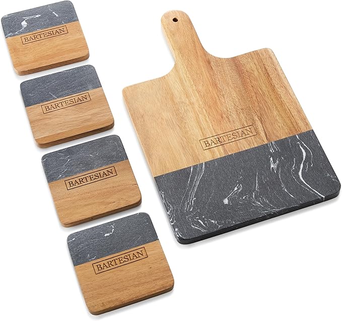 Bartesian Wooden Cutting Board & Drink Coaster Set - Premium Acacia Wood & Marble Cocktail Garnish Cutting Board & Beverage Coaster for Home Bars - Sophisticated Bar Accessories Gift Set