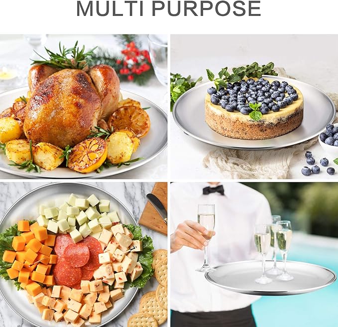 P&P CHEF 13.5 Inch Pizza Pan, 3 Pieces Stainless Steel Round Pizza Tray Dish Plate For Oven Baking Roasting, Healthy & Heavy Duty, Rust Free & Dishwasher Safe -Silver