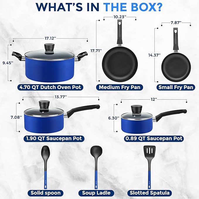 SereneLife Kitchenware Pots & Pans Basic Kitchen Cookware, Black Non-Stick Coating Inside, Heat Resistang Lacquer (11 Piece set), One Size, Blue