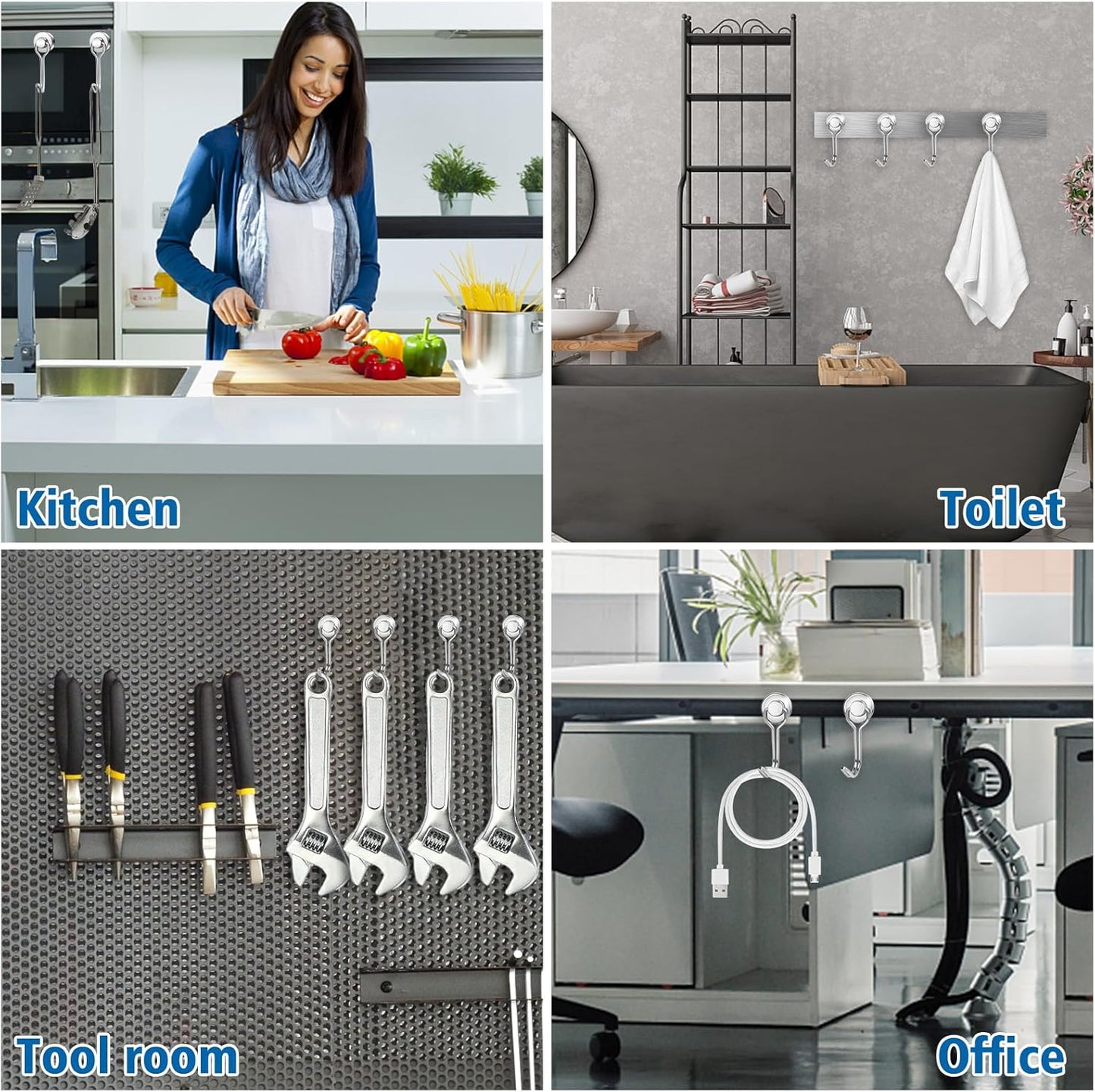 BAVITE Swivel Swing Magnetic Hooks New Upgraded, Refrigerator Magnet Hook,Strong Neodymium Magnets, Perfect for Refrigerator and Other Surfaces, Silver 30lb 12pack