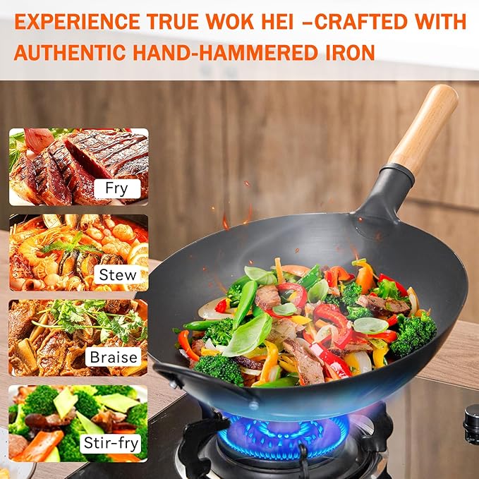 WANGYUANJI Iron Wok, 14.17 inch Traditional Round-Bottom Wok, Chef’s Professional Stir-Fry Pan with Wooden Handle, Chemical-Free Iron Wok for Gas Stoves and Round-Bottom Induction Stovetop