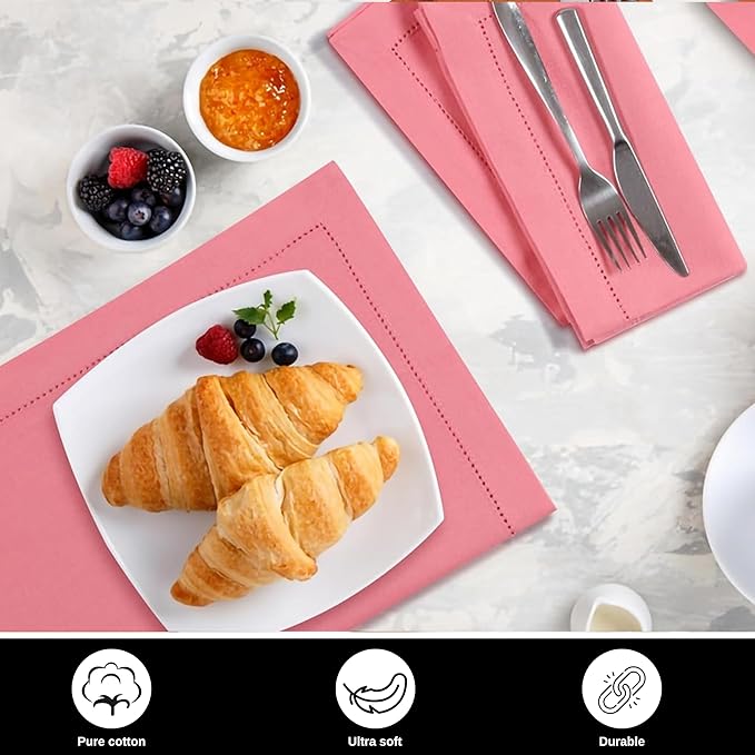 Bedding Craft Cotton Cloth Dinner Napkins Set of 12 – 18x18 Dianthus Pecan Hemstitched – Reusable Machine Washable Fabric Napkins for Weddings, Parties & Everyday Dining