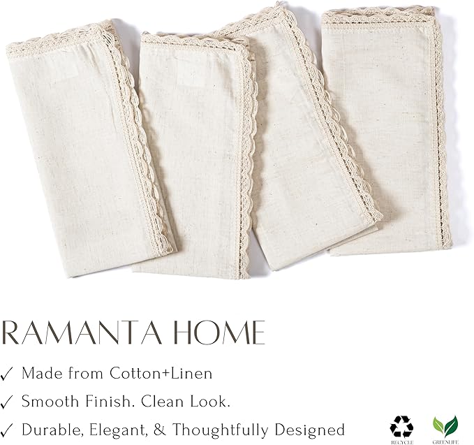 Ramanta Home Natural Coth Dinner Napkin Set of 12 Premium Cotton 20X20 Inch Oversized Linen Flax Lace Soft & Durable Washable Ideal for Everyday Use Parties Thanksgiving Christmas Halloween