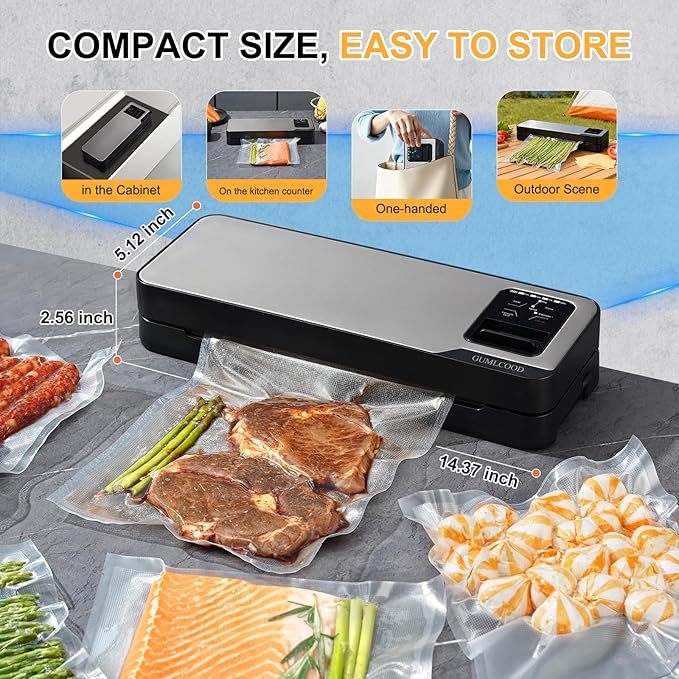 Cordless Food Vacuum Sealer Machine, 75Kpa Strong Suction, Rechargeable Dry & Moist Food Modes Food Sealer, Compact, Stainless Steel, Built-in Cutter for Home Kitchen Camping Fishing Picnic