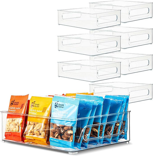 Plastic Food Storage 8 Pack Clear Container Bin with Handles for Organizing Kitchen, Pantry, Refrigerator, Freezer, Pantry, Cabinet, Closet, Bathroom. Stackable 10”x8”x3”