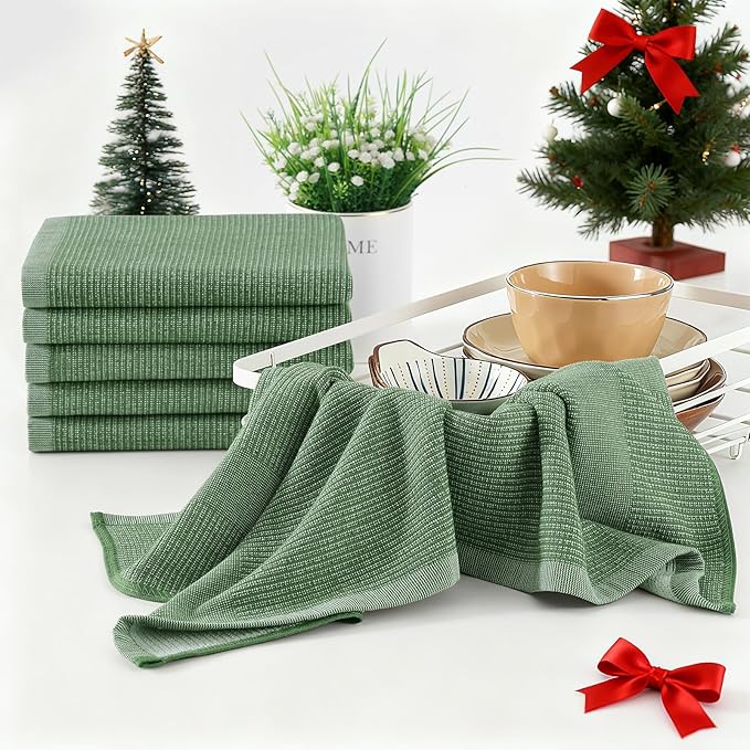 Homaxy Premium Kitchen Towels(18”x 28”, 8 Pack), Large Cotton Kitchen Hand Towels, Flat and Terry Dish Towels, 380 GSM Highly Absorbent Tea Towel Set with Hanging Loop, Grass Green