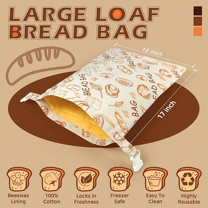 Sourdough Bread Bags for Homemade Bread, 2-Pack XL Reusable Beeswax Sourdough Storage Bags, Suitable for Keep Breads Fresh in Home Kitchens and Bakeries, 17” x 12”