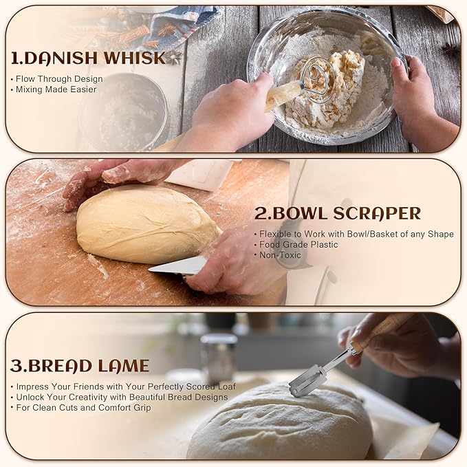 Banneton Bread Proofing Basket Set of 2, 9 Inch Round Sourdough Proofing Basket, Sourdough Starter Kit, Sourdough Bread Baking Supplies with Dough Scraper, Danish Dough Whisk, Bread Lame, Bowl Scraper