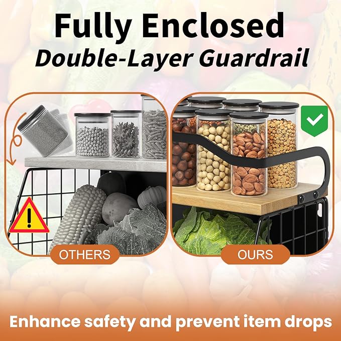 Magnetic Shelf for Fridge with Wood Lid, Heavy Duty Fruit Basket, Fruit Potato and Onion Storage Bins, Magnetic Spice Rack for Refrigerator, Black Hanging Wire Basket for Kitchen Counter