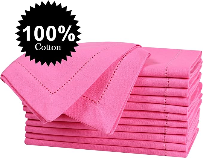 Bedding Craft Cotton Cloth Napkins Set of 12 – 18x18 Wild Orchid Design Hemstitched – Machine Washable Dinner Napkins for Weddings, Thanksgiving, Christmas & Daily Dining