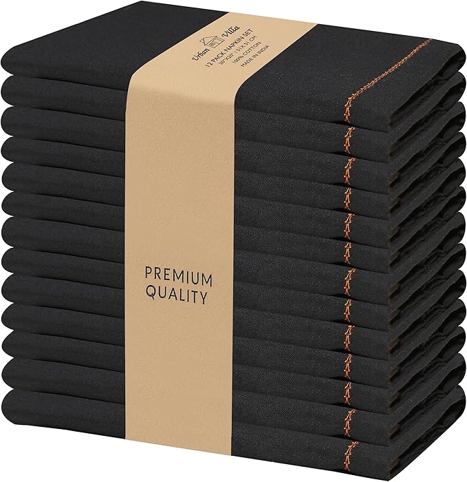 Urban Villa Halloween Cloth Napkins Black Orange Hemstitch Dinner Napkins Set of 12(20x20) Inches Premium Soft Cotton Highly Absorbent Reusable & Washable Dinner Table Napkins for Home and Weddings