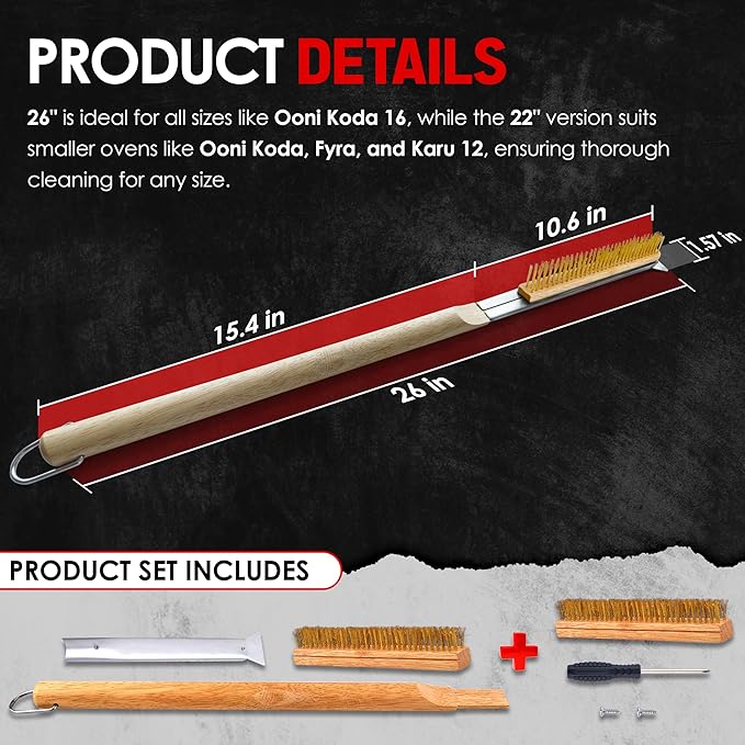 Pizza Oven Accessories, Pizza Oven Brush with Scraper, Pizza Stone Brush and Oven Cleaning Brush, Pizza Accessories and Supplies - 26INCH with Extra Head & Screwdriver