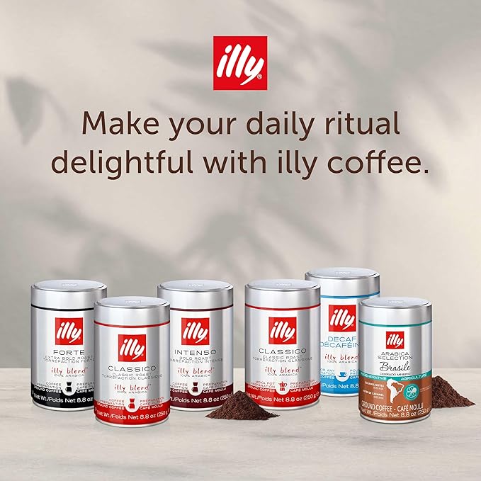 Illy Ground Espresso Coffee, Brasile Cerrado Mineiro Medium Roast - Notes of Caramel and Dried Fruit -100% Arabica-Pre-Ground for Espresso-Pressurized Packaging Sealed for Freshness - 8.8oz(Pack of 6)