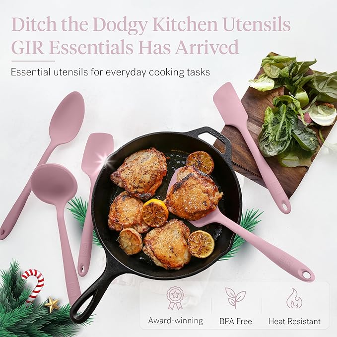 GIR: Get It Right - 5 Piece Essentials All Purpose Set - Ladle, Spatula, Flip, Spoon & Spoonula, Non-stick, Heat Resistant, Dishwasher Safe, Kitchen Utensils, Baking Supplies - Rose