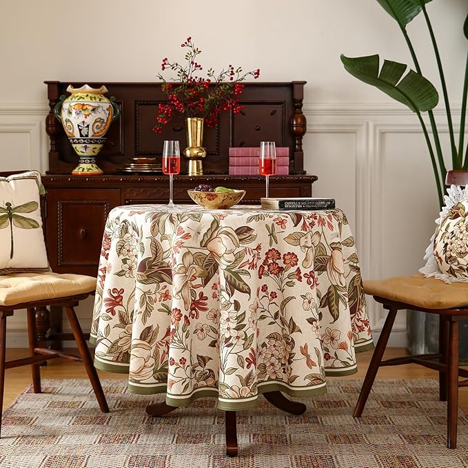 French Tablecloth for Round Tables,Linen Table Cloth with Colorful Flowers Pattern,Heavy Durable Table Cover for Dining Thanksgiving Kitchen Decor Party Christmas,Diameter 67"
