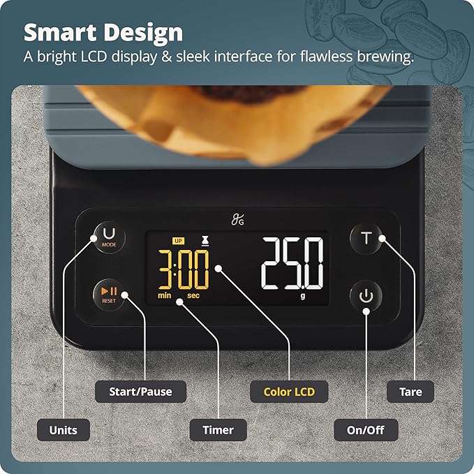 Greater Goods 0.1g Precision Coffee Scale with Timer – 3kg Digital Scale for Pour-Over, Espresso, French Press, Kitchen Use (Stone Blue)