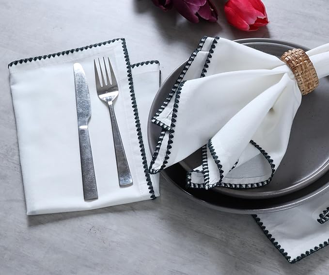 Bedding Craft Cotton Cloth Dinner Napkins Set of 12 – 18x18 Magical Forest Green Napkins with Colored Edge Embroidery – Durable Reusable Wedding Napkins for Dining Table Décor, Banquets & Restaurants