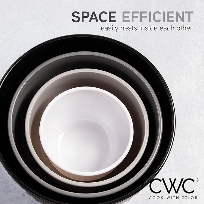 COOK WITH COLOR Prep Bowls with Lids- Wide and Deep Nesting Plastic Small Mixing Bowl Set with Lids, 8 Piece Set - Deep Bowls, Black/White