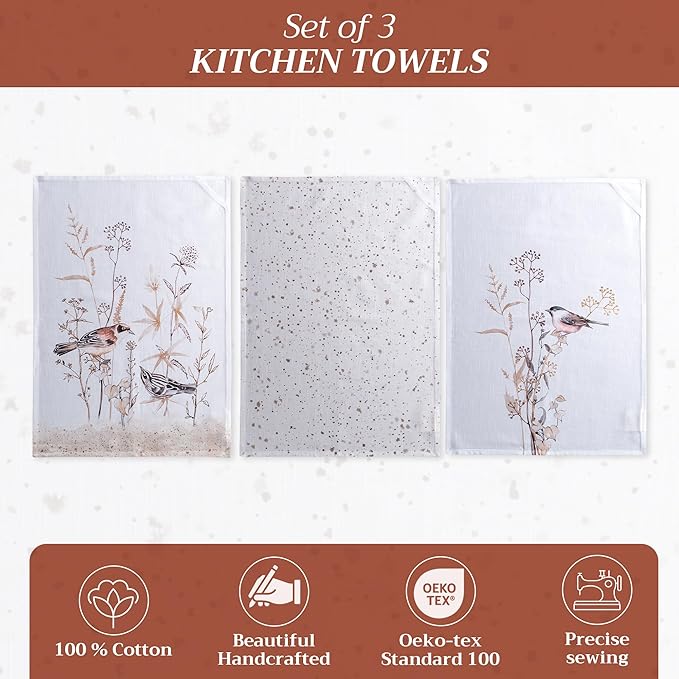 Maison d' Hermine Kitchen Towels Set of 3 100% Cotton 27.50" x 20" Reusable Cloth Tea Dish Towels Absorbent with Hanging Loop for Kitchen, Cocktail Parties Spring/Summer (Meadow Florals - Brown)