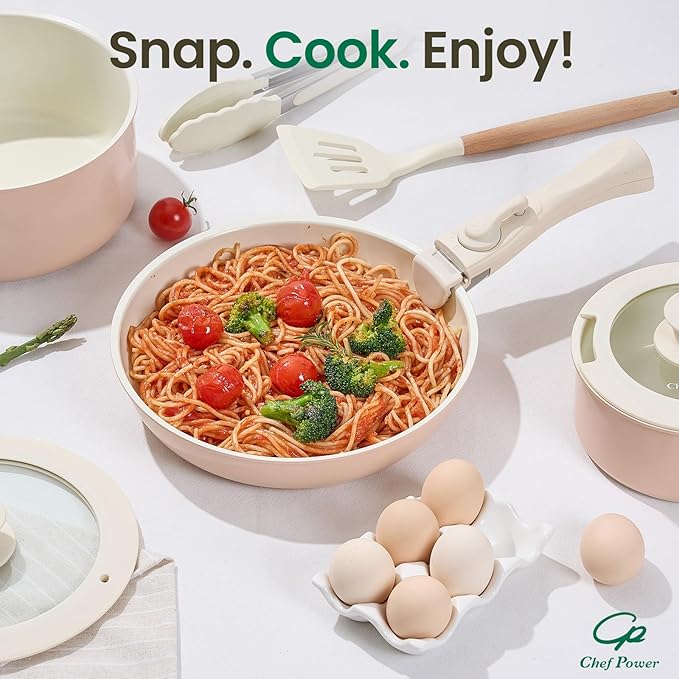 Chef Power Ceramic Nonstick Pots and Pans Set 19 Piece with Detachable Handle, Induction Dishwasher Oven Safe Cookware Set, RV Kitchen Set Removable Handle (Light Pink)