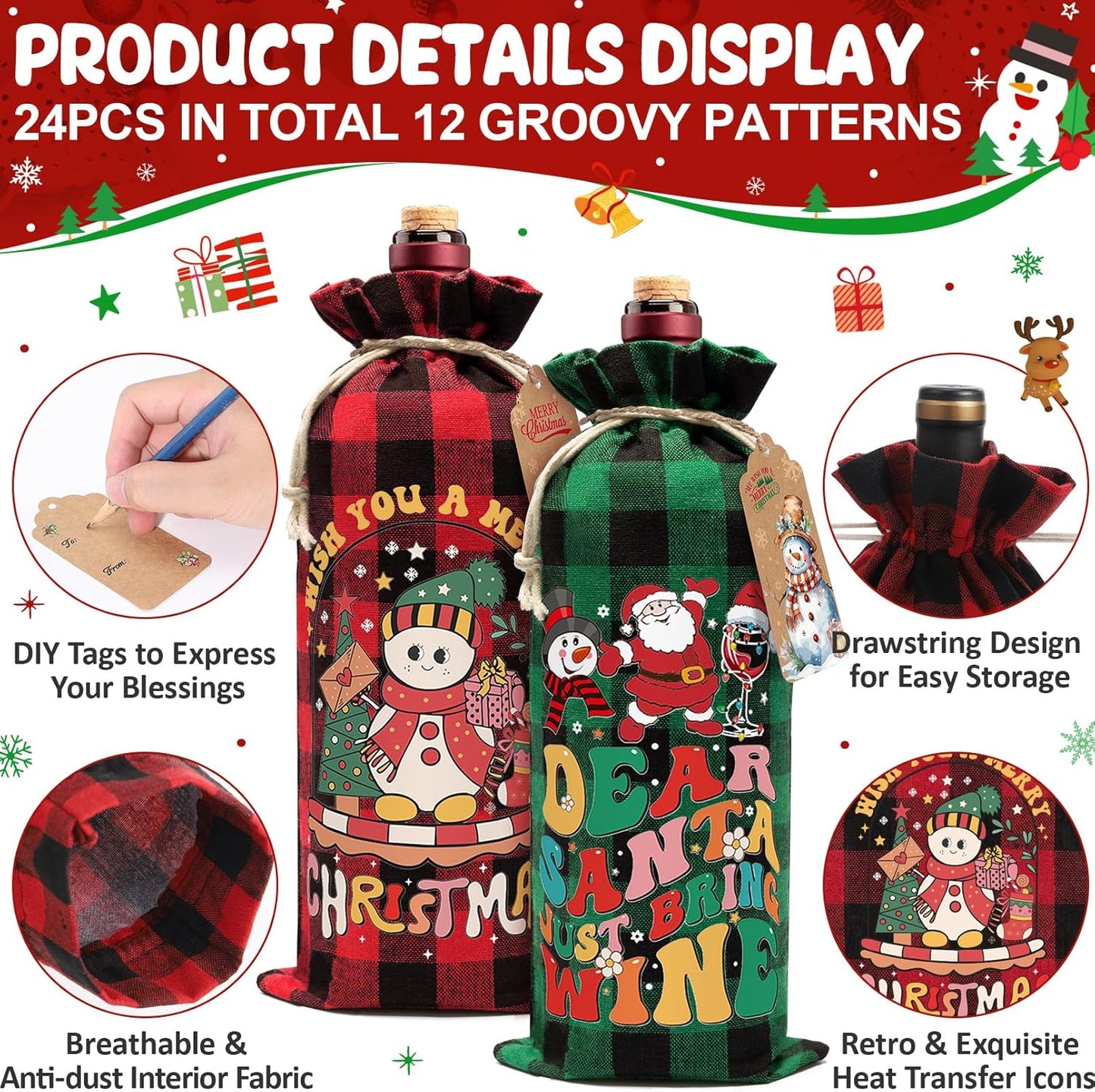 24PCS Burlap Wine Bag Christmas Wine Gift Bags, Drawstring Retro Christmas Bottle Cover Gift Bag w/ Tag, Buffalo Plaid Wines Bags for Bottles Gifts Reusable Bottle Covers for Xmas Holiday Party Decor