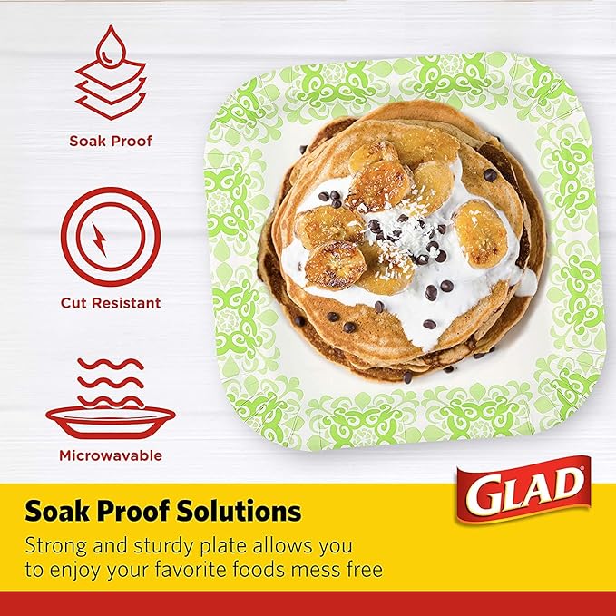 Glad Square Disposable Paper Plates, Green Victorian Pattern - Strong, Sturdy, Soak Proof, and Microwavable Decorative Plates for Dinner and Everyday Use, 10 Inch, 50 Count - 6 Pack