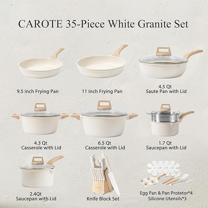 CAROTE ICE 35pcs Pots and Pans Set, Nonstick Cookware Sets, White Granite Induction Cookware with Kitchen Knife Set