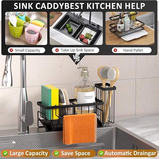 Sponge Holder & Sink Caddy Organizer - Rustproof Kitchen Sink Organizer with High Brush Holder - Kitchen Essentials Countertop Storage Organization (Black)