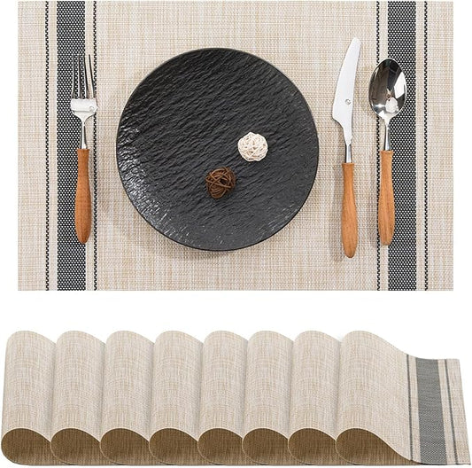BACKTOEDEN Placemats Set of 8 Heat Resistant Washable Wipeable Placemat Woven Non-Slip Foldable Vinyl/Plastic Place Mats Indoor/Outdoor Mat Kitchen Dining Table Pad, Black Skyline